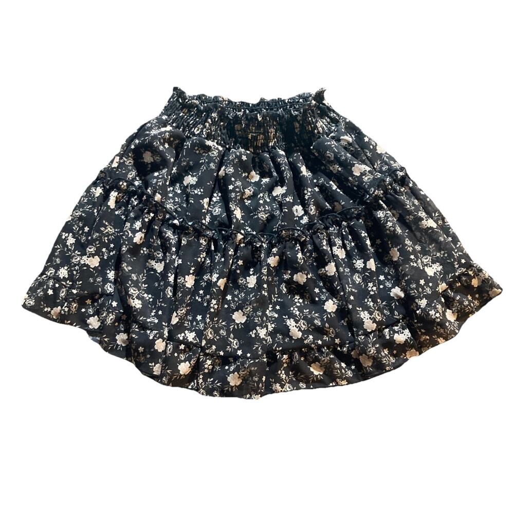 Altar’d State Skirt Women's Size Small Black Beige Floral Lined Ruffled Cinch